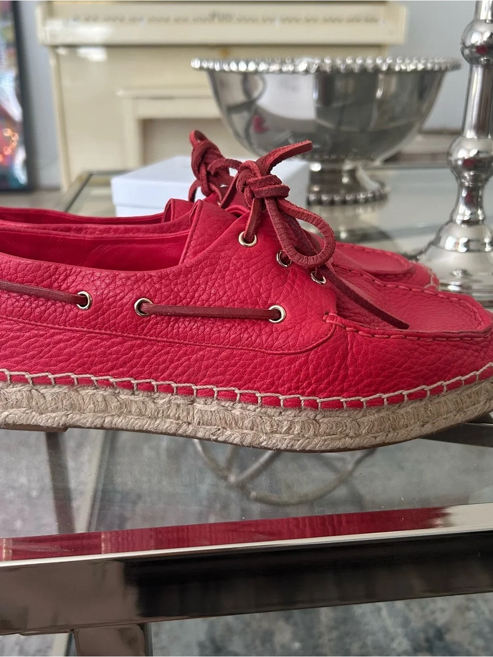 Tory Burch Red Women's Leather Espadrille Boat Shoes